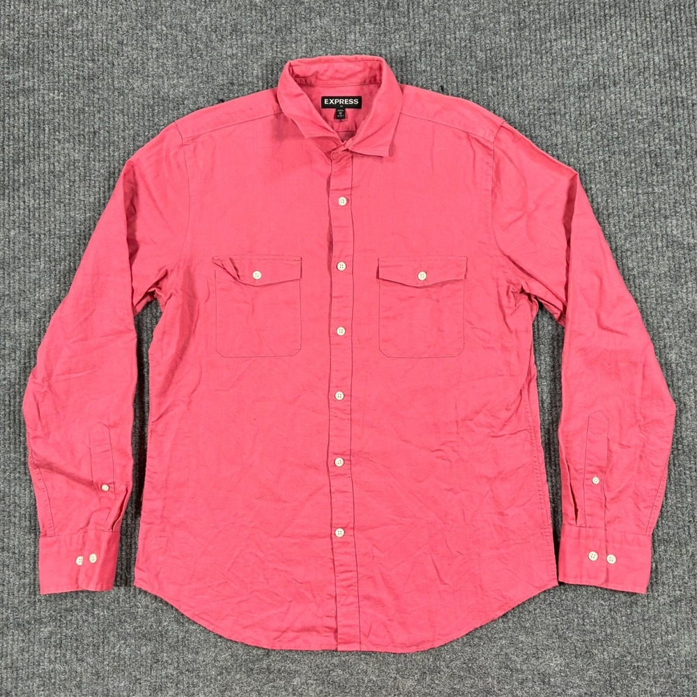 Express Button Up Shirt Mens Size M 15-15.5 Pink Dual Pocket Long Sleeve